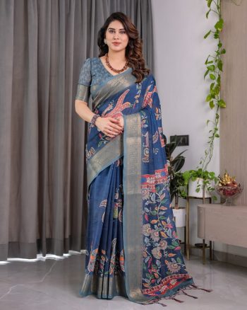 ATTRACTIVE HANDLOOM LINEN DIGITAL FLORAL PRINTS, RICH ZARI WOVEN BORDER WORK SAREE WITH UNSTITCHED BLOUSE BLUE