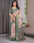 ATTRACTIVE HANDLOOM LINEN DIGITAL FLORAL PRINTS, RICH ZARI WOVEN BORDER WORK SAREE WITH UNSTITCHED BLOUSE MULTI