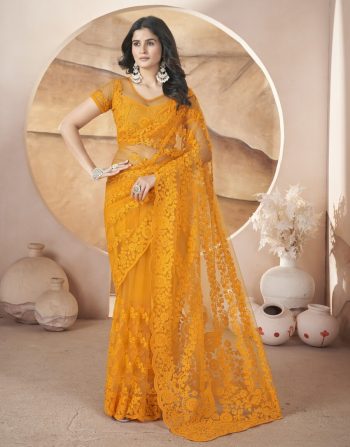 ATTRACTIVE  HEAVY BUTERFLY NET AARI EMBROIDERY WORK WITH STONEWORK SAREE WITH UNSTITCHED BLOUSE YELLOW