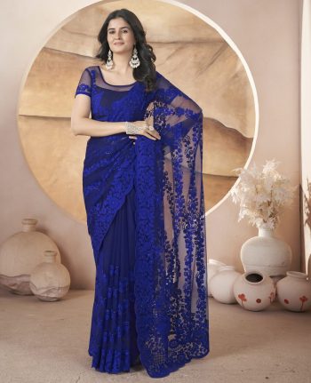 ATTRACTIVE  HEAVY BUTERFLY NET AARI EMBROIDERY WORK WITH STONEWORK SAREE WITH UNSTITCHED BLOUSE NAVY BLUE