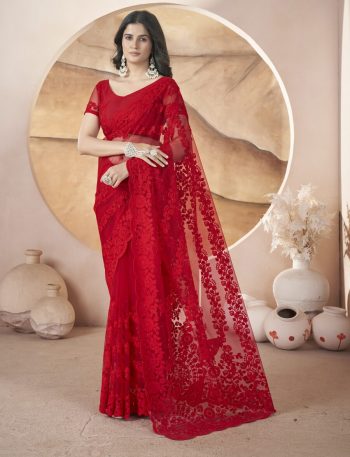 ATTRACTIVE  HEAVY BUTERFLY NET AARI EMBROIDERY WORK WITH STONEWORK SAREE WITH UNSTITCHED BLOUSE RED