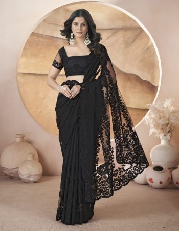 ATTRACTIVE  HEAVY BUTTERFLY NET AARI EMBROIDERY WORK WITH STONEWORK SAREE WITH UNSTITCHED BLOUSE BLACK