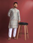 ATTRACTIVE JACQUARD SILK AMBOJ WORK WITH DAAMAN CONCEPT BORDER KURTA PAYJAMA GREY
