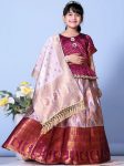 ATTRACTIVE JACQUARD WEAVING DESIGN AND LACE BORDER WITH ROUND MIRROR WORK LEHENGA CHOLI WITH DUPATTA BROWN