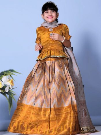 ATTRACTIVE JACQUARD WEAVING DESIGN AND LACE BORDER WITH ROUND MIRROR WORK LEHENGA CHOLI WITH DUPATTA YELLOW