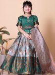 ATTRACTIVE JACQUARD WEAVING DESIGN AND LACE BORDER WITH ROUND MIRROR WORK LEHENGA CHOLI WITH DUPATTA GREEN
