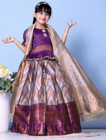 ATTRACTIVE JACQUARD WEAVING DESIGN AND LACE BORDER WITH ROUND MIRROR WORK LEHENGA CHOLI WITH DUPATTA PURPLE
