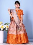ATTRACTIVE JACQUARD WEAVING DESIGN AND LACE BORDER WITH ROUND MIRROR WORK LEHENGA CHOLI WITH DUPATTA ORANGE