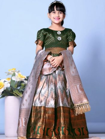 ATTRACTIVE JACQUARD WEAVING DESIGN AND LACE BORDER WITH ROUND MIRROR WORK LEHENGA CHOLI WITH DUPATTA GREEN