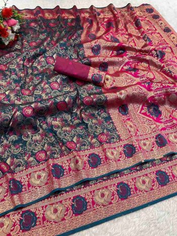 ATTRACTIVE KANJIVARAM SOFT SILK ZARI WOVEN SAREE WITH UNSTITCHED BLOUSE TEAL