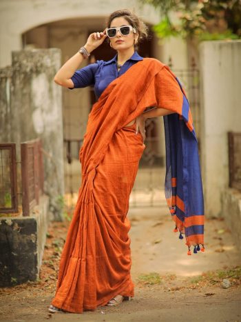 ATTRACTIVE KHADI COTTON HANDLOOM WORK SAREE WITH UNSTITCHED BLOUSE ORANGE
