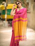 ATTRACTIVE KHADI COTTON HANDLOOM WORK SAREE WITH UNSTITCHED BLOUSE PINK