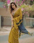 ATTRACTIVE KHADI COTTON HANDLOOM WORK SAREE WITH UNSTITCHED BLOUSE MUSTARD