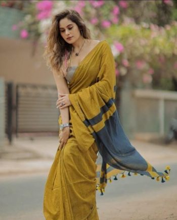 ATTRACTIVE KHADI COTTON HANDLOOM WORK SAREE WITH UNSTITCHED BLOUSE MUSTARD