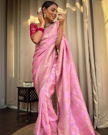 ATTRACTIVE LICHI SILK JACQUARD WORK SAREE WITH UNSITICHED BLOUSE BABY PINK