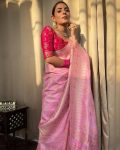 ATTRACTIVE LICHI SILK JACQUARD WORK SAREE WITH UNSITICHED BLOUSE BRIDAL WEAR WHOLESALE PRICE ETHNIC GARMENT (32)