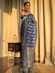 ATTRACTIVE LICHI SILK JACQUARD WORK SAREE WITH UNSTITCHED BLOUSE BLUE