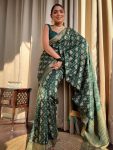 ATTRACTIVE LICHI SILK JACQUARD WORK SAREE WITH UNSTITCHED BLOUSE GREEN