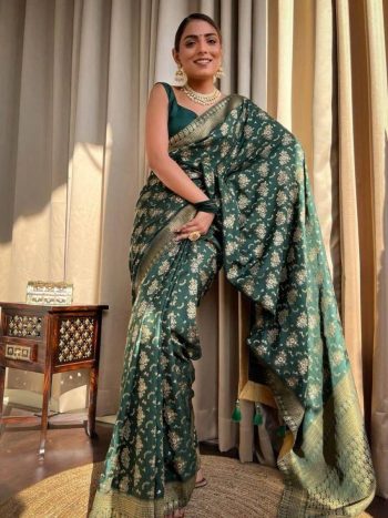 ATTRACTIVE LICHI SILK JACQUARD WORK SAREE WITH UNSTITCHED BLOUSE GREEN