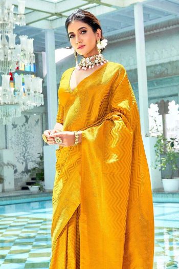ATTRACTIVE LICHI SILK JACQUARD WORK SAREE WITH UNSTITCHED BLOUSE YELLOW