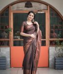 ATTRACTIVE LICHI SILK JACQUARD WORK SAREE WITH UNSTITCHED BLOUSE BROWN