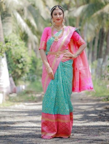 ATTRACTIVE LICHI SILK JACQUARD WORK SAREE WITH UNSTITCHED BLOUSE SKY