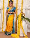 ATTRACTIVE LICHI SILK JACQUARD WORK SAREE WITH UNSTITCHED BLOUSE YELLOW