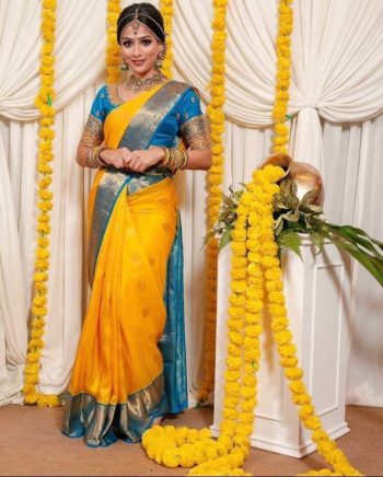 ATTRACTIVE LICHI SILK JACQUARD WORK SAREE WITH UNSTITCHED BLOUSE YELLOW