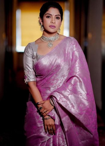 ATTRACTIVE LICHI SILK JACQUARD WORK SASREE WITH UNSTICHED BLOUSE PINK