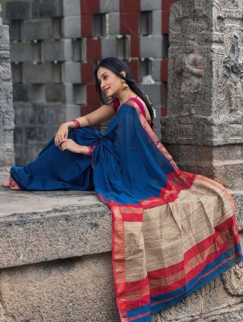 ATTRACTIVE LICHI SILK ORGANIC BANARASI SAREE WITH UNSTITCHED BLOUSE BLUE