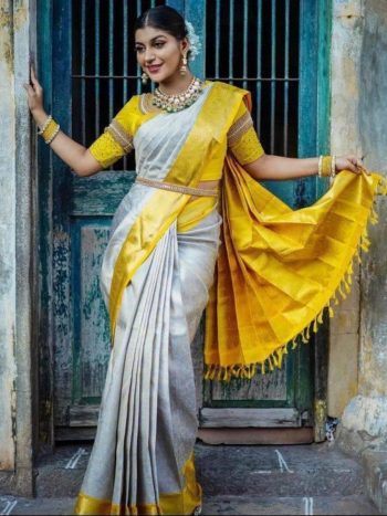 ATTRACTIVE LICHI SILK ORGANIC BANARASI SAREE WITH UNSTITCHED BLOUSE GREY