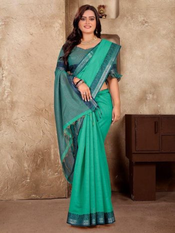 ATTRACTIVE LINEN SOFT SILK WEAVING KANJIVARAM BORDER SAREE WITH UNSTITCHED BLOUSE RAMA