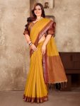 ATTRACTIVE LINEN SOFT SILK WEAVING KANJIVARAM BORDER SAREE WITH UNSTITCHED BLOUSE YELLOW