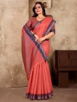 ATTRACTIVE LINEN SOFT SILK WEAVING KANJIVARAM BORDER SAREE WITH UNSTITCHED BLOUSE PEACH