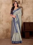 ATTRACTIVE LINEN SOFT SILK WEAVING KANJIVARAM BORDER SAREE WITH UNSTITCHED BLOUSE GREY