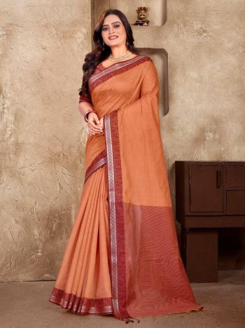ATTRACTIVE LINEN SOFT SILK WEAVING KANJIVARAM BORDER SAREE WITH UNSTITCHED BLOUSE ORANGE
