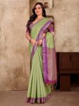 ATTRACTIVE LINEN SOFT SILK WEAVING KANJIVARAM BORDER SAREE WITH UNSTITCHED BLOUSE PISTA