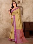 ATTRACTIVE LINEN SOFT SILK WEAVING KANJIVARAM BORDER SAREE WITH UNSTITCHED BLOUSE MUSTARD