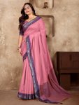 ATTRACTIVE LINEN SOFT SILK WEAVING KANJIVARAM BORDER SAREE WITH UNSTITCHED BLOUSE BABY PINK