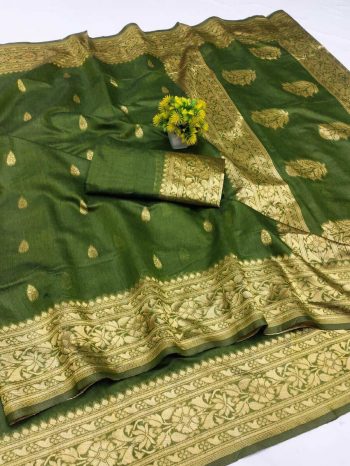 ATTRACTIVE LINEN WEAVING WORK SAREE WITH UNSTITCHED BLOUSE MEHNDI