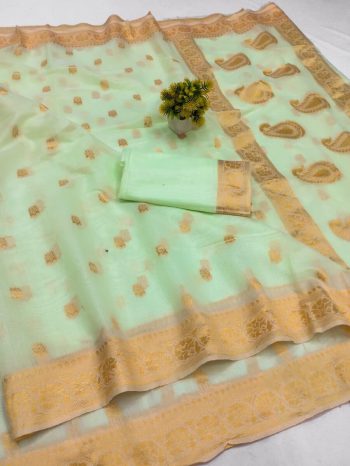 ATTRACTIVE LINEN WEAVING WORK SAREE WITH UNSTITCHED BLOUSE PISTA