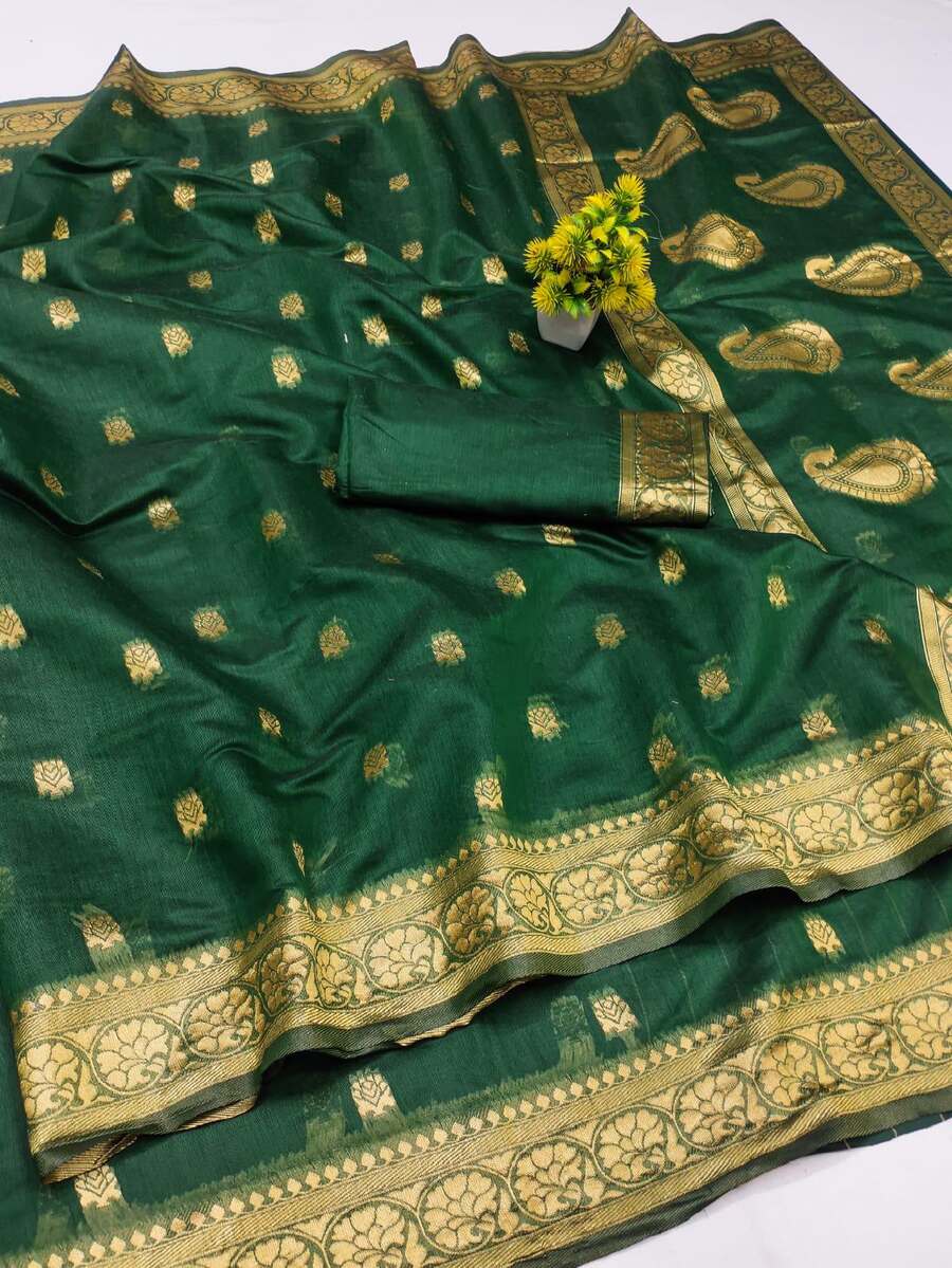 ATTRACTIVE LINEN WEAVING WORK SAREE WITH UNSTITCHED BLOUSE WEDDING WEAR WHOLESALE PRICE ETHNIC GARMENT (4)