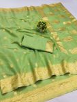 ATTRACTIVE LINEN WEAVING WORK SAREE WITH UNSTITCHED BLOUSE PARROT GREEN