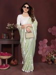 ATTRACTIVE MOSS CHIFFON SILK EMBROIDERY  WORK  SAREE WITH UNSTITCHED BLOUSE PISTA