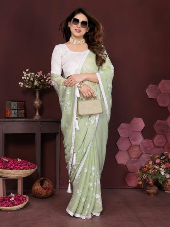 ATTRACTIVE MOSS CHIFFON SILK EMBROIDERY  WORK  SAREE WITH UNSTITCHED BLOUSE PISTA