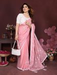ATTRACTIVE MOSS CHIFFON SILK EMBROIDERY  WORK  SAREE WITH UNSTITCHED BLOUSE BABY PINK