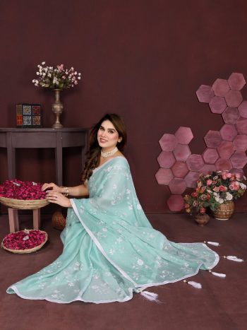 ATTRACTIVE MOSS CHIFFON SILK EMBROIDERY  WORK  SAREE WITH UNSTITCHED BLOUSE SKY