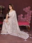 ATTRACTIVE MOSS CHIFFON SILK EMBROIDERY  WORK  SAREE WITH UNSTITCHED BLOUSE CREAM