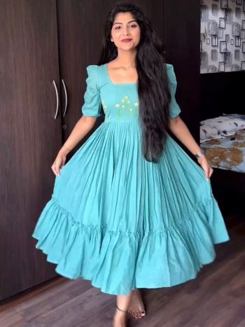 ATTRACTIVE MUL MUL COTTON  HAND WORK AND MUGGAM WORK GOWN SKY