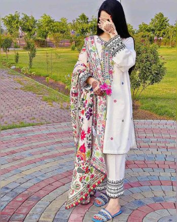 ATTRACTIVE MUSLIN COTTON THREAD & ZARI EMBROIDERY WORK TOP BOTTOM WITH DUPATTA WHITE